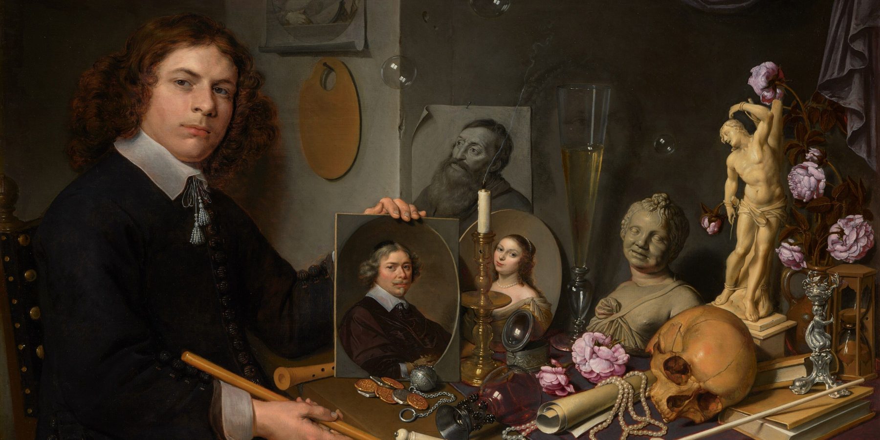 David Bailly, Vanitas Still Life with Portrait of a Young Painter, 1651: a painter holds a portrait beside a table of skull, hourglass, candle, coins, pearls and bubbles