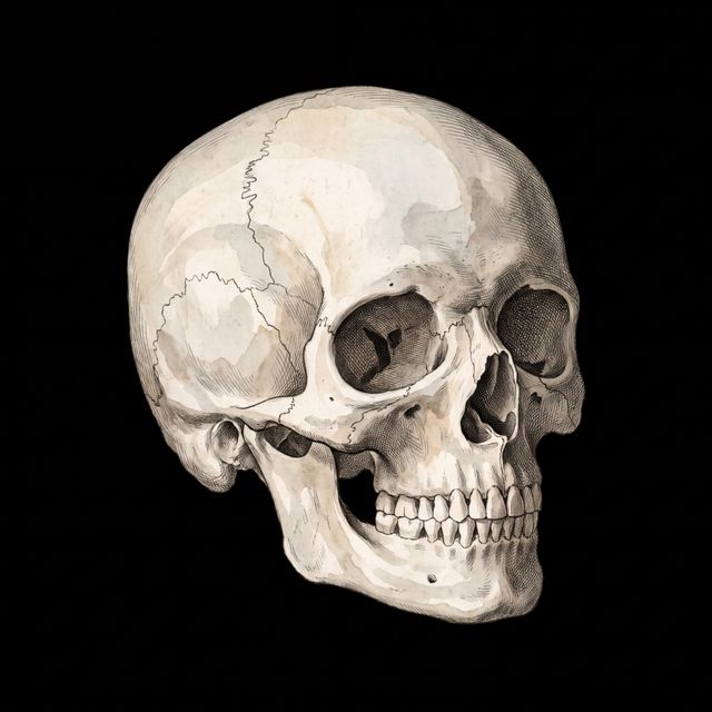 Illustration of a human skull on a black ground