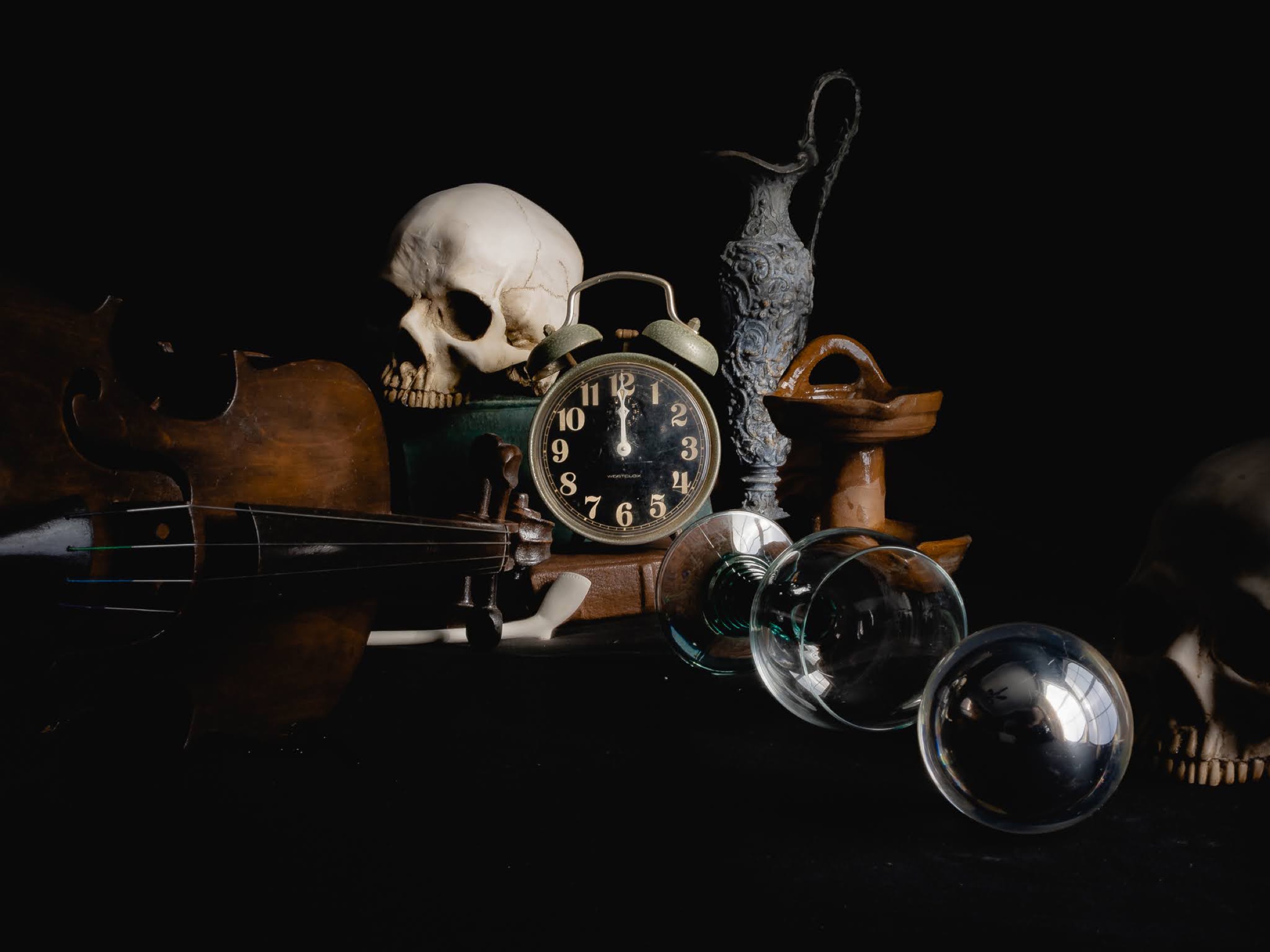 Still Life w/ Clock, Skull, and Violin — archival pigment print, Adam Gedney